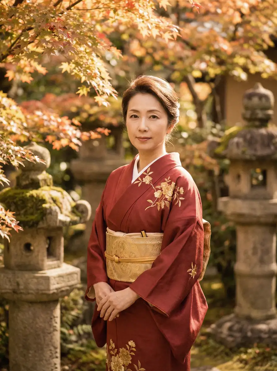 一位身穿暗红色和服的优雅 里番导航 | 里番官方入口~热点里番分享平台 在日式庭院中